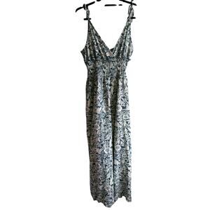 Patrons of Peace Floral Smocked Wide Leg Jumpsuit Women's Medium Blue Boho